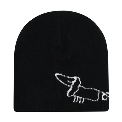 Black knit hat featuring a white pixelated dachshund design warm beanies women ideal for skiing beanie outdoor use