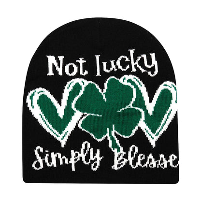 Black knit hat with green shamrock and warm beanies women design for skiing beanie outdoor windproof use