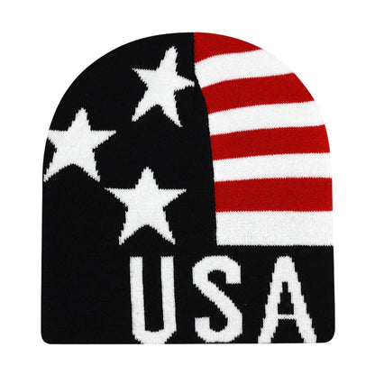 Black knit hat featuring a usa flag design with white star field and bold letters warm beanies women skiing beanie outdoor