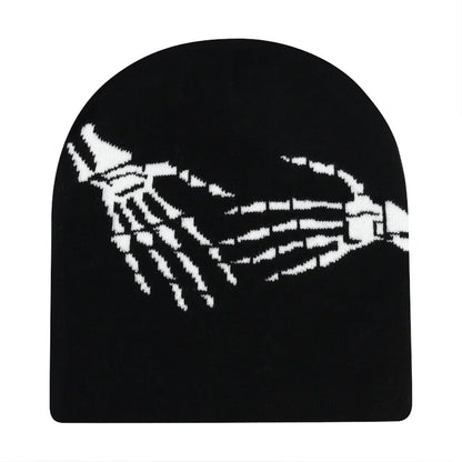 Black knit hat with white knitted skeletal hands design warm beanies women skiing beanie outdoor windproof unisex
