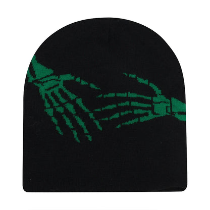 Black knit hat featuring a vibrant green embroidered design of interlocking skeleton hands warm beanies women skiing beanie outdoor