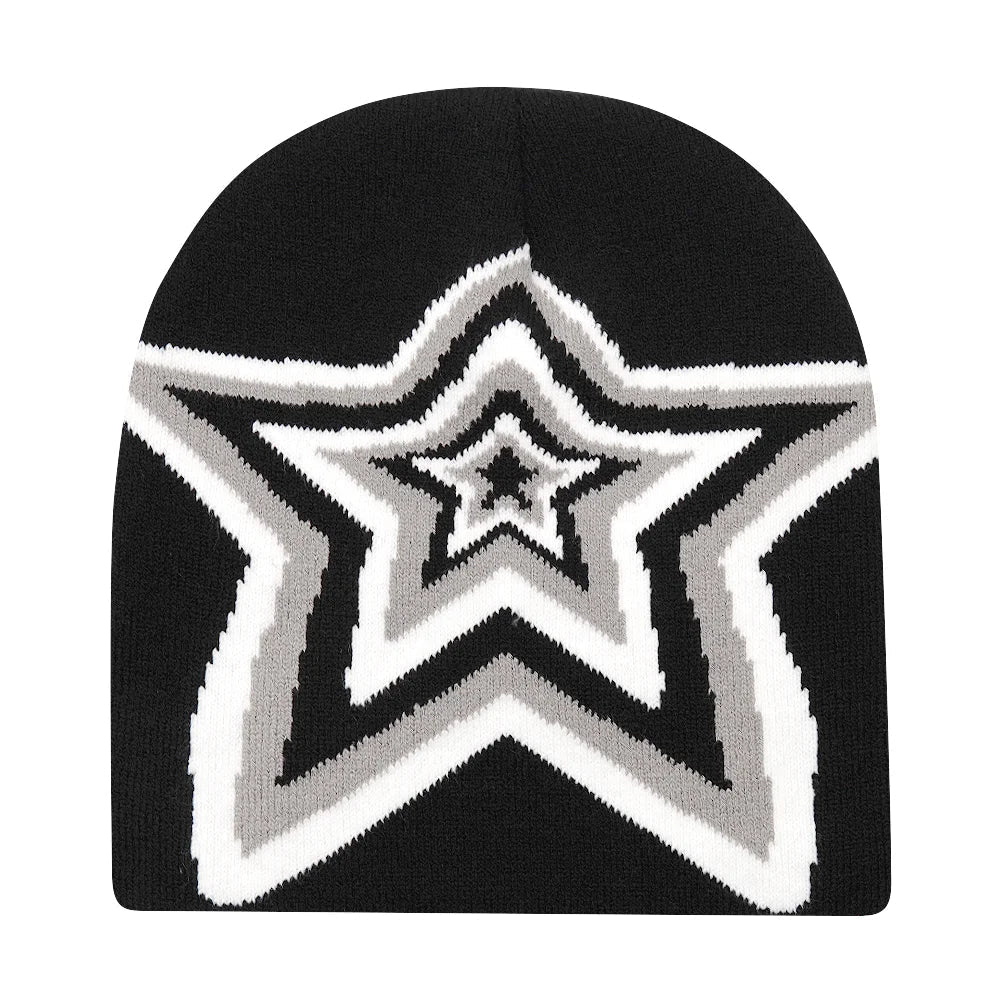 Black knit hat featuring a bold white and gray star design warm beanies women skiing beanie outdoor windproof skullcap