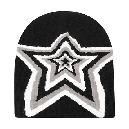 Black knit hat featuring a bold white and gray star design warm beanies women skiing beanie outdoor windproof skullcap