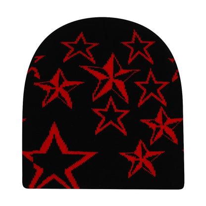 Black knit hat featuring a bold red star pattern designed as a warm beanie for women and skiing beanie outdoor use