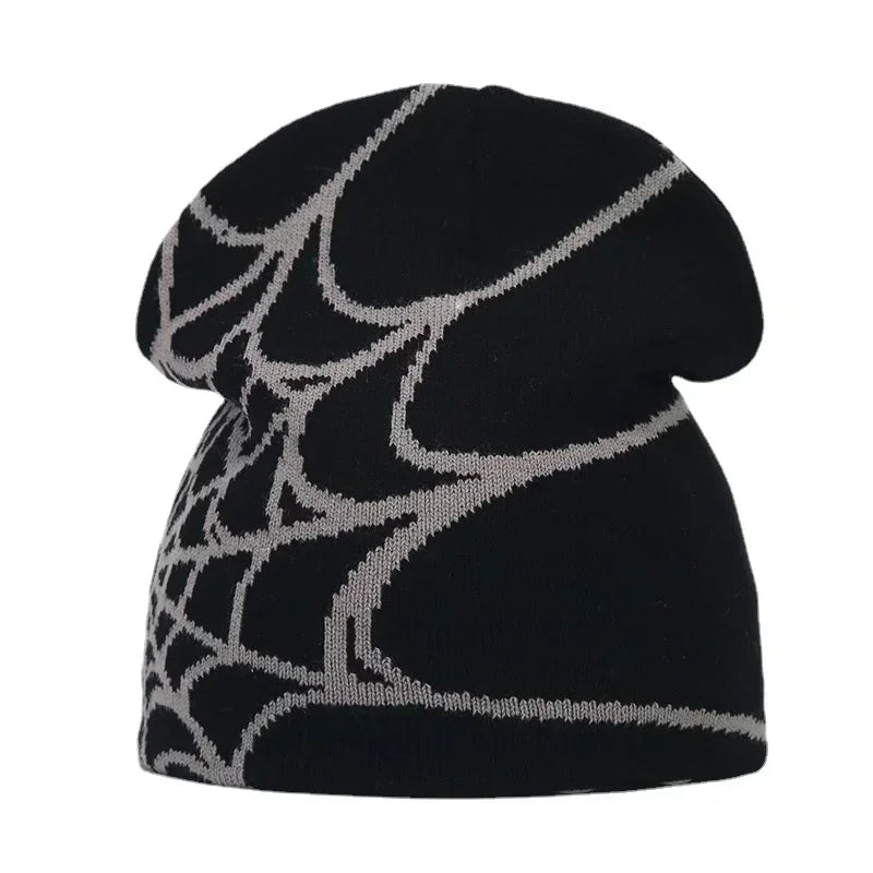 Black knit hat with detailed silver spiderweb pattern warm beanies women skiing beanie outdoor windproof skullcap