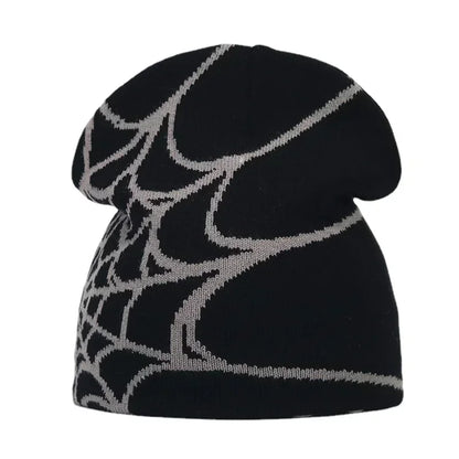 Black knit hat with detailed silver spiderweb pattern warm beanies women skiing beanie outdoor windproof skullcap