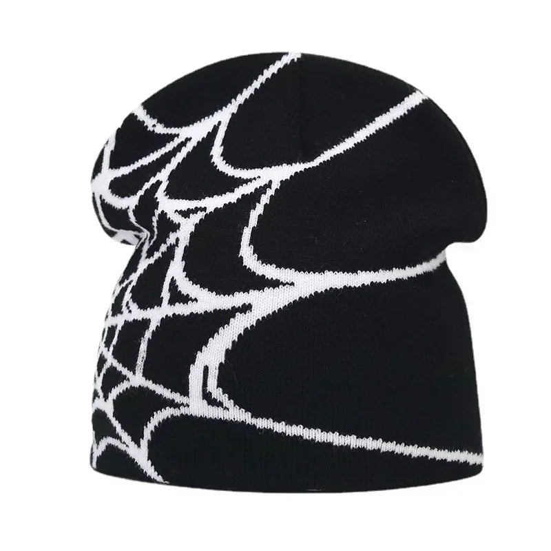 Black knit hat with bold white spiderweb pattern warm beanies women skiing beanie outdoor windproof skullcap