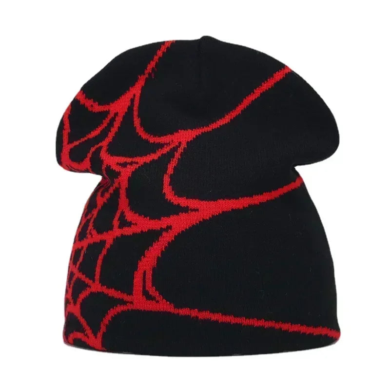 Black knit hat with bold red spiderweb pattern warm beanies women ideal as skiing beanie outdoor windproof skullcap