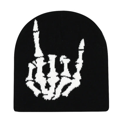 Black knit hat with white embroidered skeleton hand design warm beanies women skiing beanie outdoor windproof skullcap