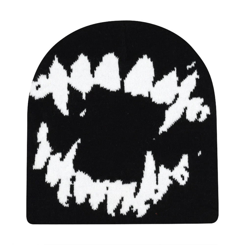 Black knit hat with a bold white knitted grin design warm beanies women skiing beanie outdoor windproof skullcap