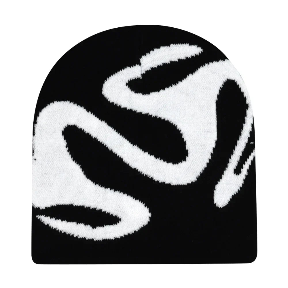 Black knit hat with bold white abstract wave design warm beanies women skiing beanie outdoor windproof skullcap unisex
