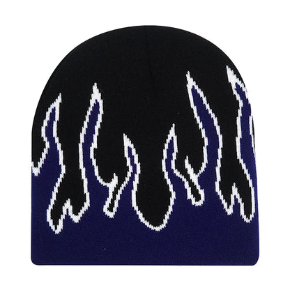 Black knit hat in navy blue and black knit with white flame embroidery warm beanies women skiing beanie outdoor use
