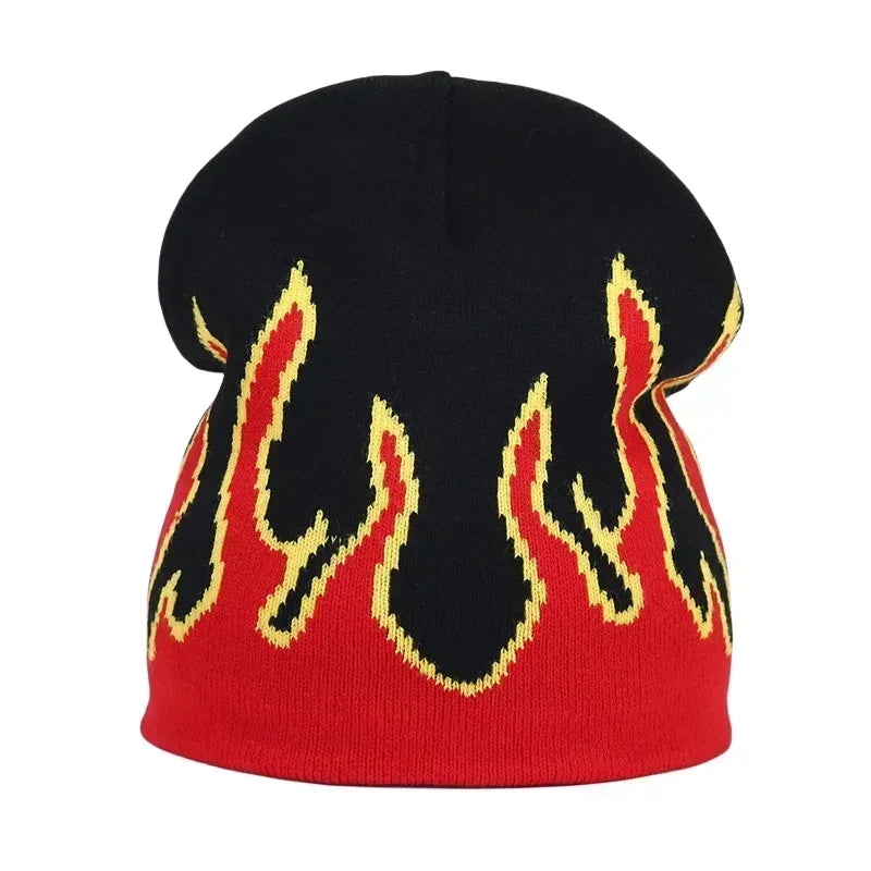 Black knit hat with vibrant red and yellow flame design warm beanies women for skiing beanie outdoor use