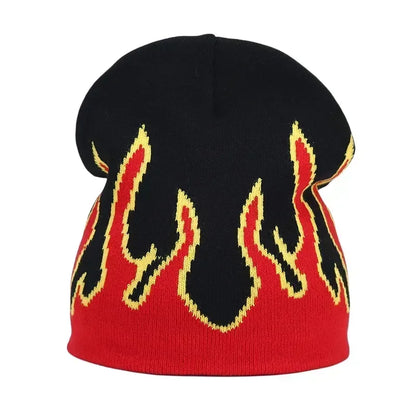 Black knit hat with vibrant red and yellow flame design warm beanies women for skiing beanie outdoor use