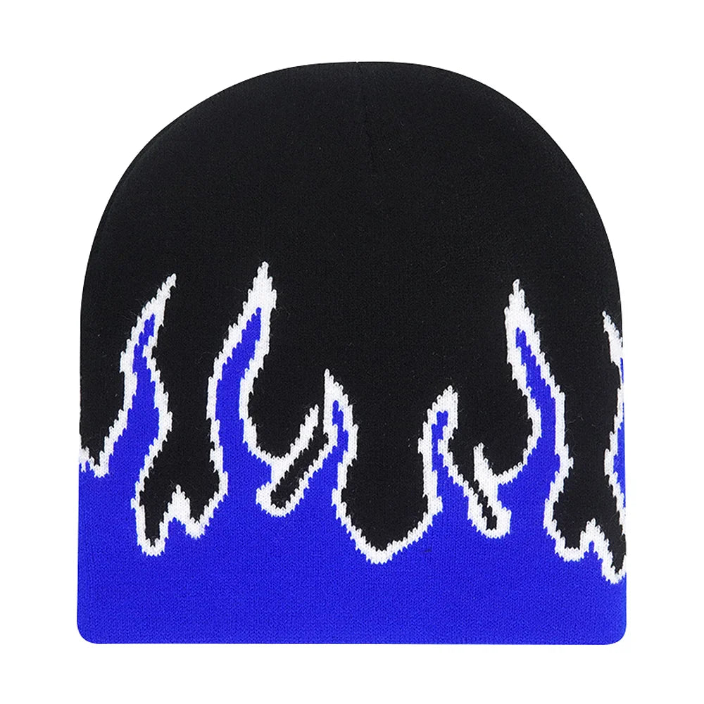Black knit hat with vibrant blue and white flame design warm beanies women ideal for skiing beanie outdoor use