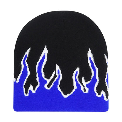 Black knit hat with vibrant blue and white flame design warm beanies women ideal for skiing beanie outdoor use