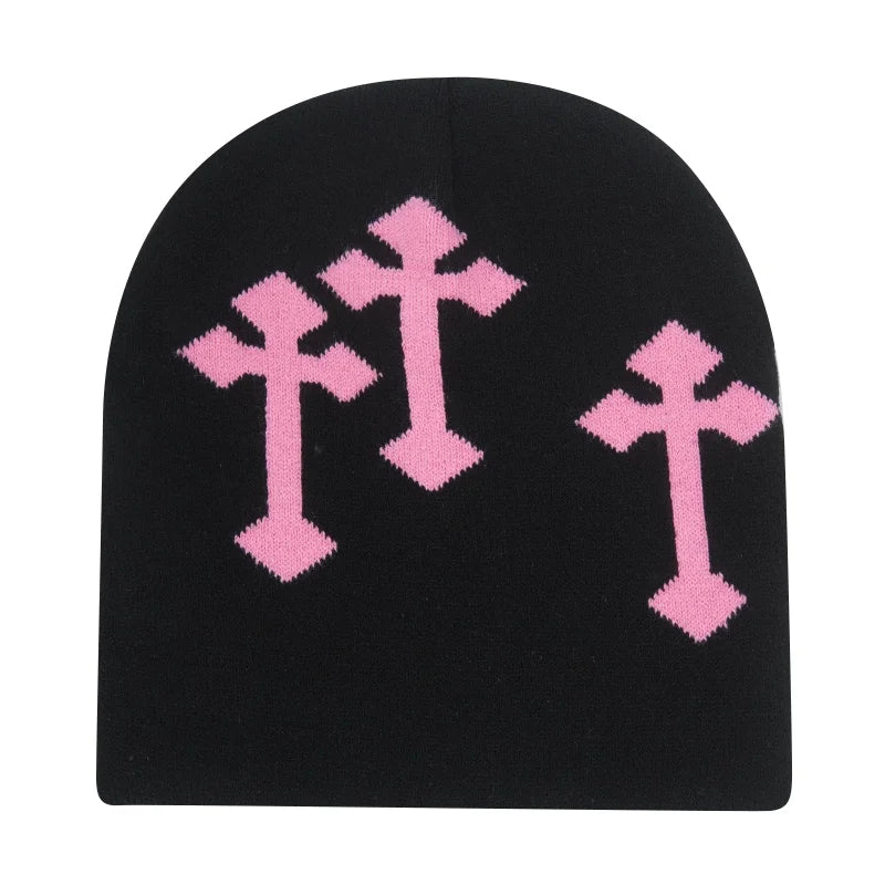 Black knit hat featuring three pink crosses knit design warm beanies women suitable as skiing beanie outdoor use