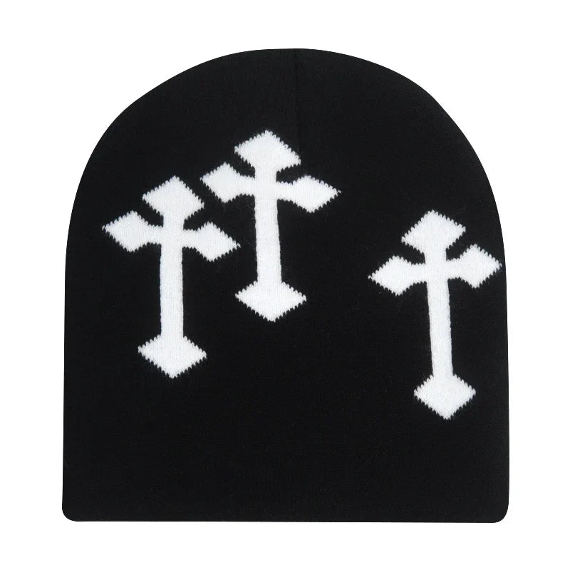 Black knit hat with three white cross patterns warm beanies women suitable as skiing beanie outdoor windproof skullcap
