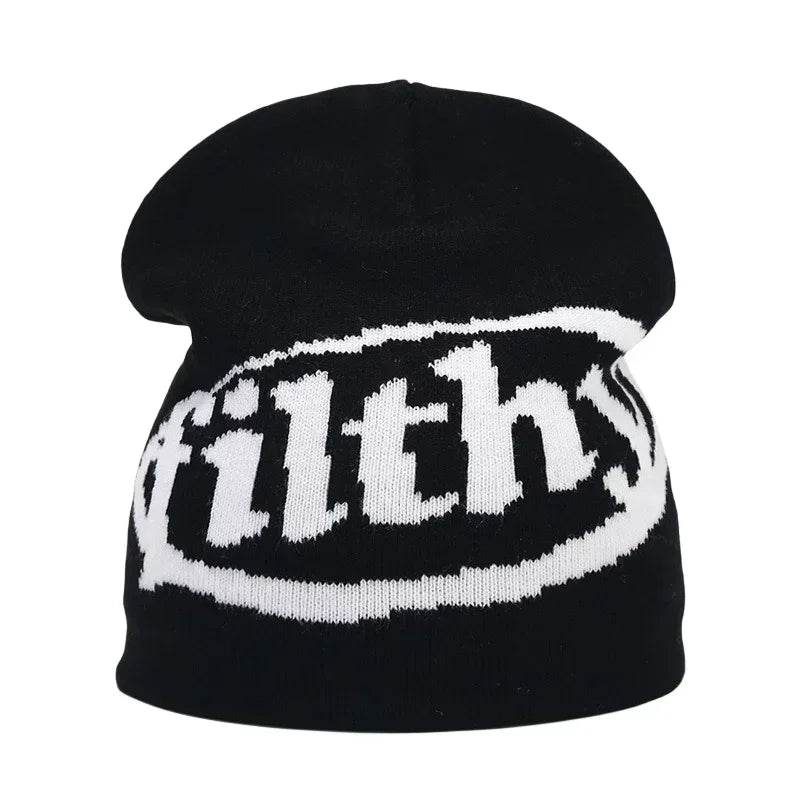 Black knit hat with white filthy logo embroidered in oval design warm beanies women skiing beanie outdoor use