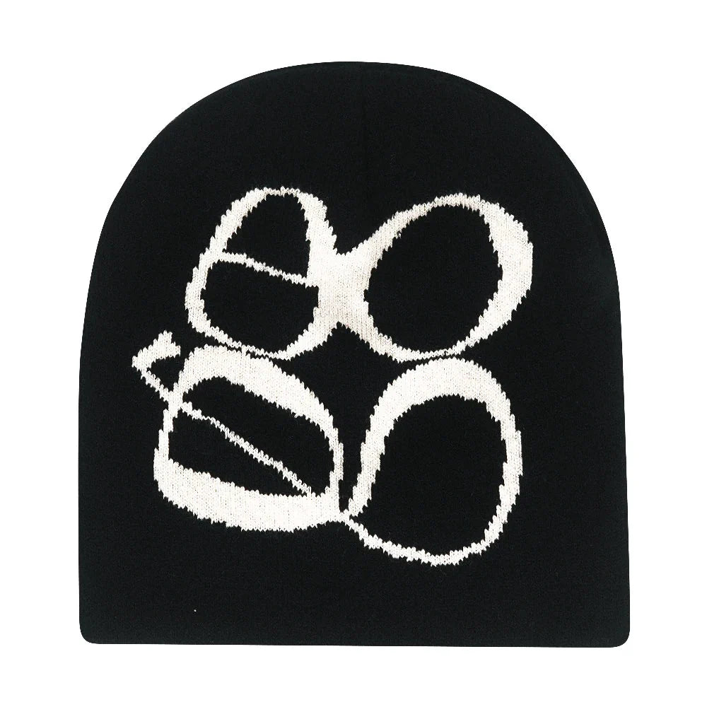 Black knit hat featuring a bold white abstract logo warm beanies women skiing beanie outdoor windproof skullcap