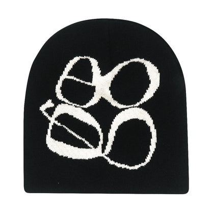 Black knit hat featuring a bold white abstract logo warm beanies women skiing beanie outdoor windproof skullcap
