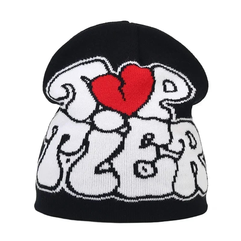 Black knit hat with bold white graffiti i heart pizza design featuring a red broken heart for skiing beanie outdoor use