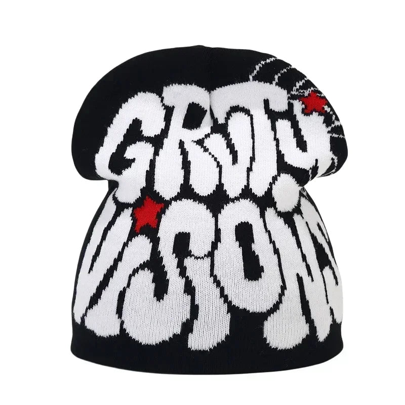 Black knit hat with bold white graffiti lettering and red stars warm beanies women skiing beanie outdoor use