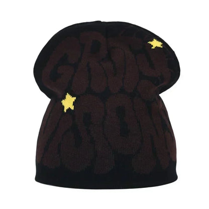 Black knit hat with dark brown groovy text and yellow stars warm beanies women skiing beanie outdoor use