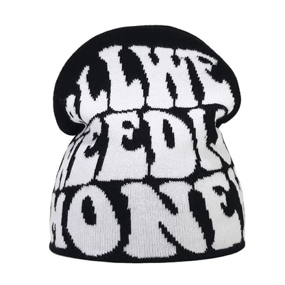 Black knit hat with bold lettering knitted for warm beanies women and skiing beanie outdoor use