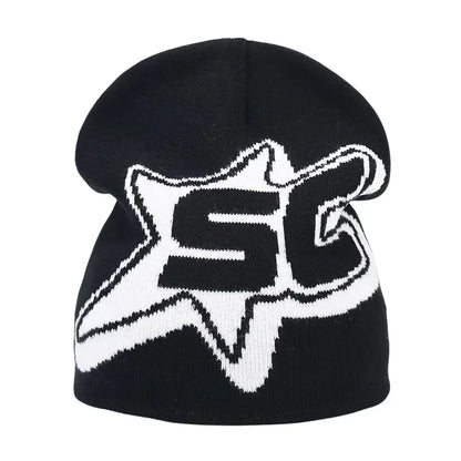 Black knit hat featuring a bold white embroidered sc logo inside a star perfect as warm beanies women and skiing beanie outdoor