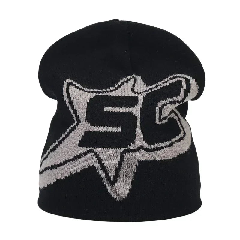 Black knit hat featuring a silver-gray fox racing logo embroidered on the front for skiing beanie outdoor use and warm beanies women