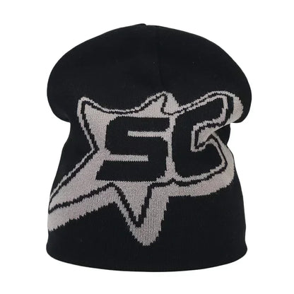 Black knit hat featuring a silver-gray fox racing logo embroidered on the front for skiing beanie outdoor use and warm beanies women