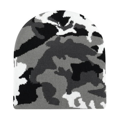 Black knit hat featuring a warm knitted beanie in black gray and white camouflage for skiing beanie outdoor use