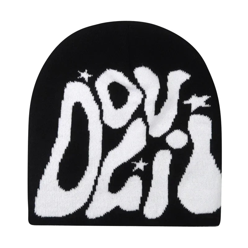 Black knit hat featuring bold white graffiti style joy lettering with star accents warm beanies women skiing beanie outdoor
