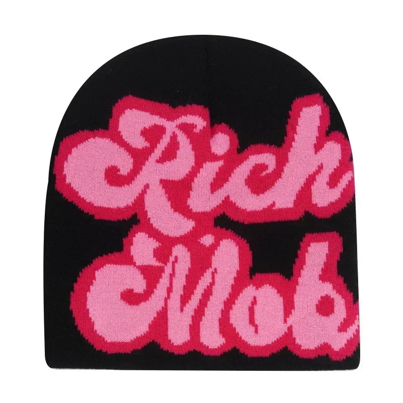 Black knit hat with bold pink rich mob lettering knit warm beanies women skiing beanie outdoor windproof skullcap