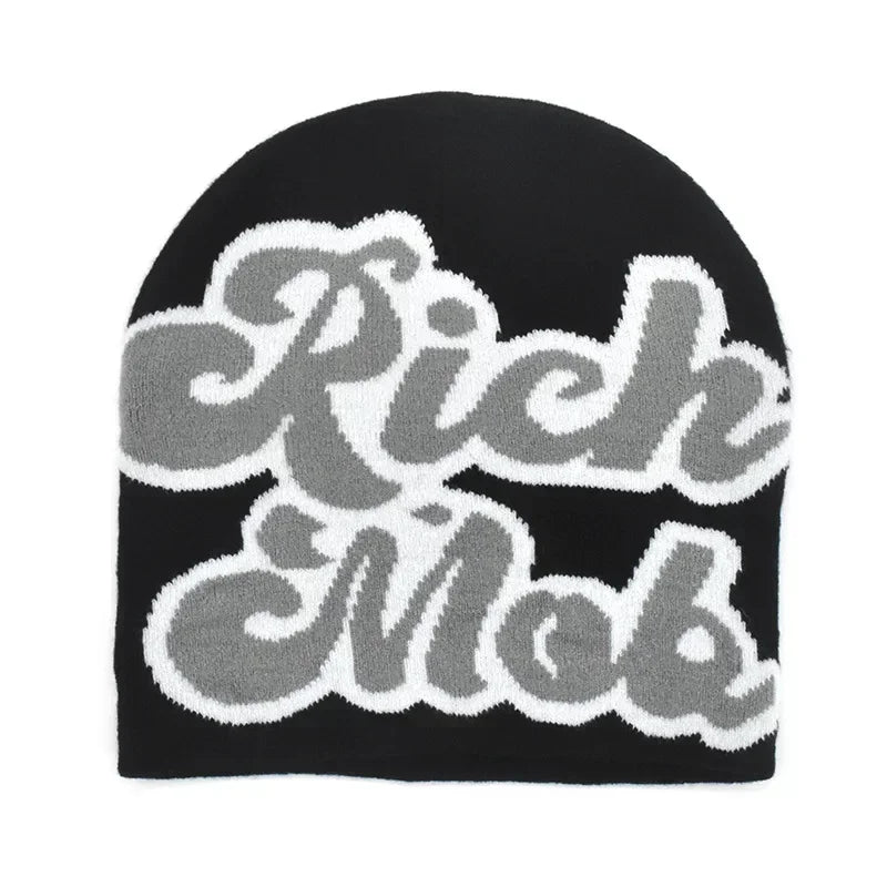 Black knit hat featuring a bold rich mob logo in gray and white cursive lettering ideal for skiing beanie outdoor use