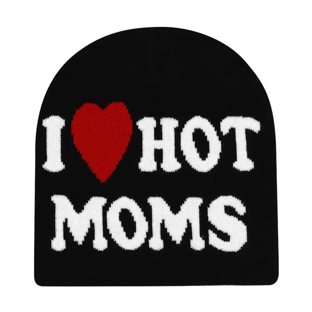 Black knit hat with i heart hot moms lettering in white and red, warm beanies women ideal for skiing beanie outdoor use