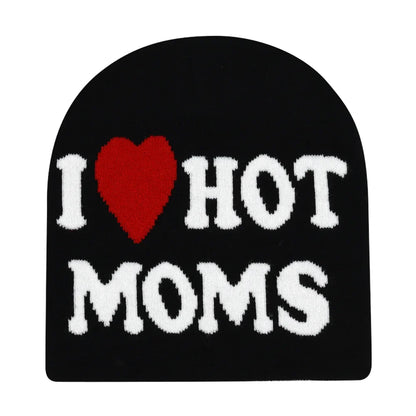 Black knit hat with i heart hot moms lettering in white and red, warm beanies women ideal for skiing beanie outdoor use