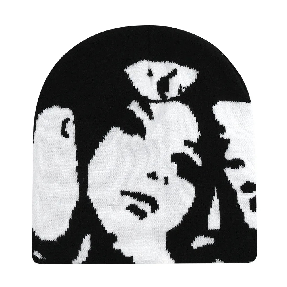 Black knit hat with bold pixelated face design warm beanies women skiing beanie outdoor windproof skullcap unisex