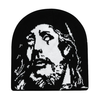 Black knit hat featuring a pixelated white jesus graphic warm beanies women skiing beanie outdoor windproof design