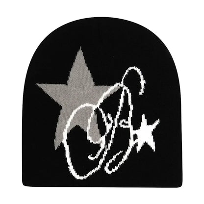Black knit hat featuring a gray star and white cursive script design warm beanies women skiing beanie outdoor