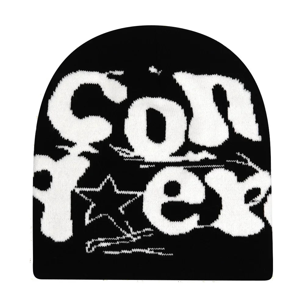 Black knit hat with bold white lettering and star design warm beanies women suitable for skiing beanie outdoor use