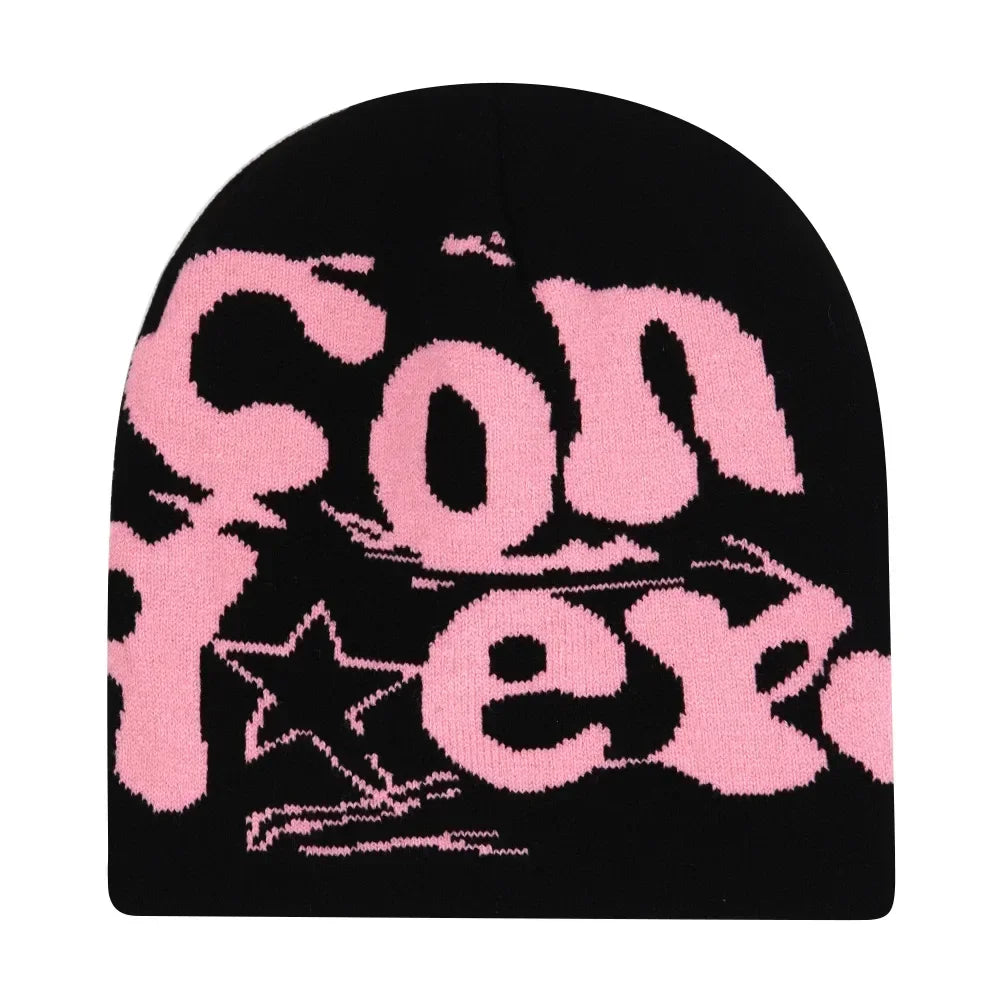 Black knit hat with bold pink converse lettering and star graphic warm beanies women skiing beanie outdoor use