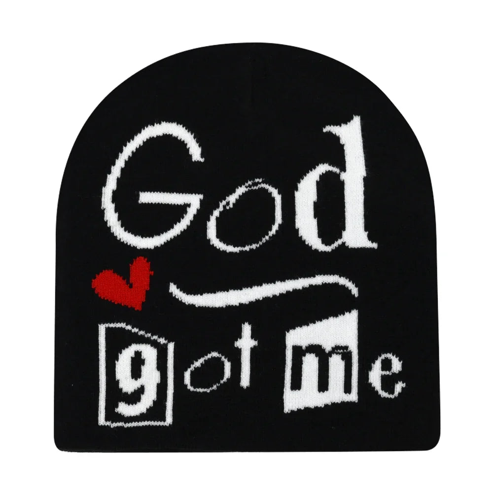 Black knit hat with white embroidered text god got me and red heart symbol warm beanies women skiing beanie outdoor
