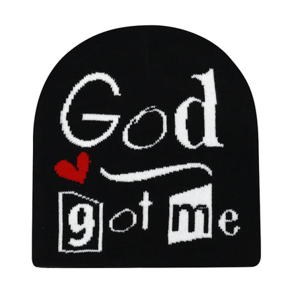 Black knit hat with white embroidered text god got me and red heart symbol warm beanies women skiing beanie outdoor
