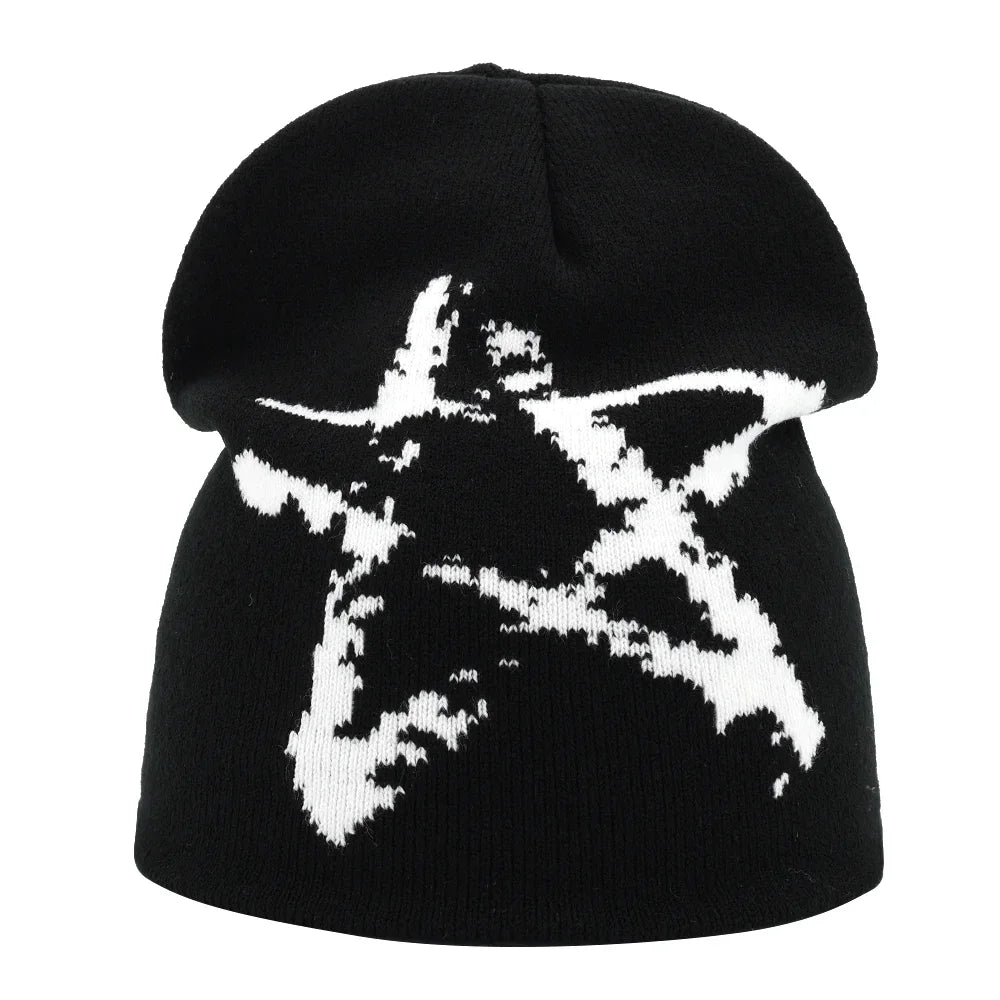 Black knit hat with bold white pixelated star design warm beanies women skiing beanie outdoor windproof skullcap