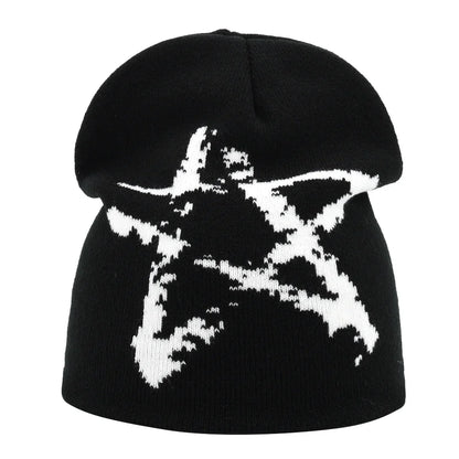 Black knit hat with bold white pixelated star design warm beanies women skiing beanie outdoor windproof skullcap