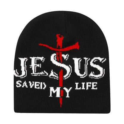 Black knit hat with red cross and white jesus saved my life embroidery warm beanies women skiing beanie outdoor use