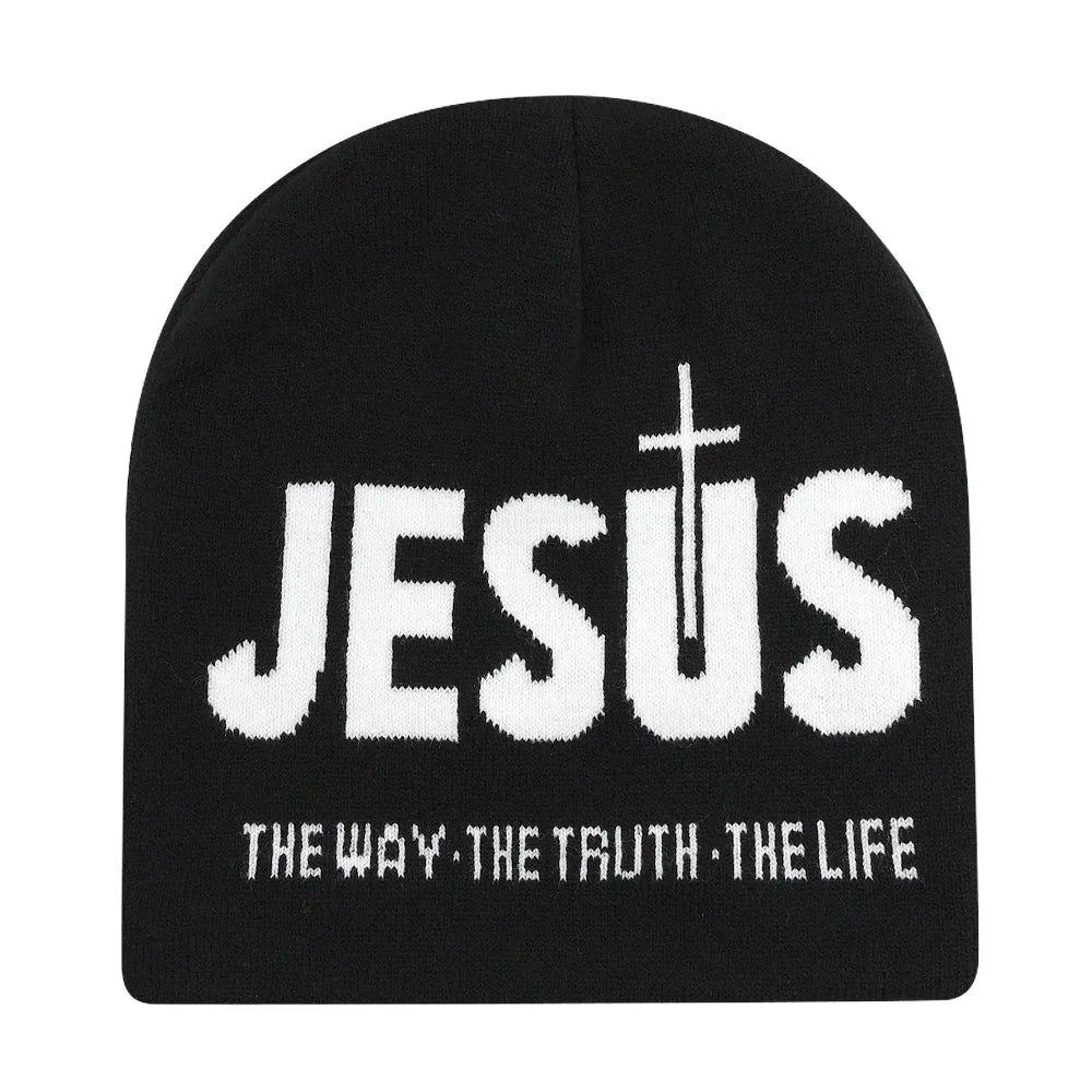 Black knit hat featuring bold white jesus lettering with cross and the way the truth the life for skiing beanie outdoor use