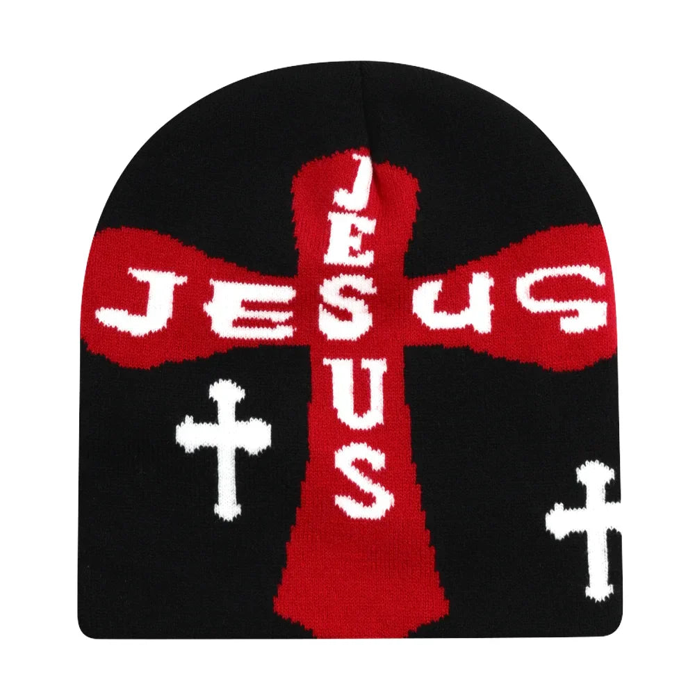 Black knit hat featuring a bold red cross with jesus knitted in white ideal for warm beanies women and skiing beanie outdoor use